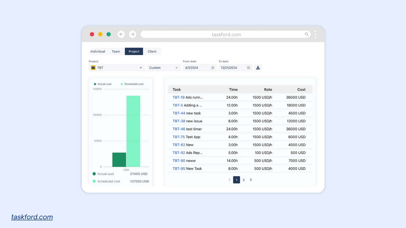 billable hour tracking on taskford