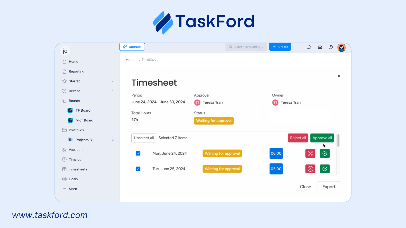 taskford as a project time tracking app