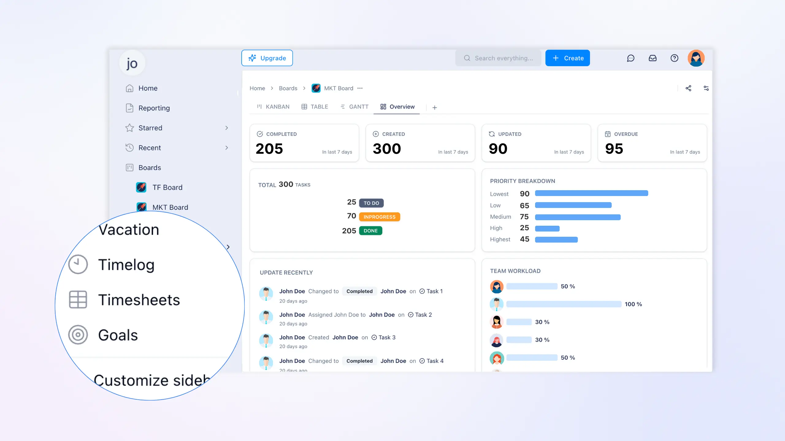 Dashboard showing vacation, timelog, timesheets, and goals options.