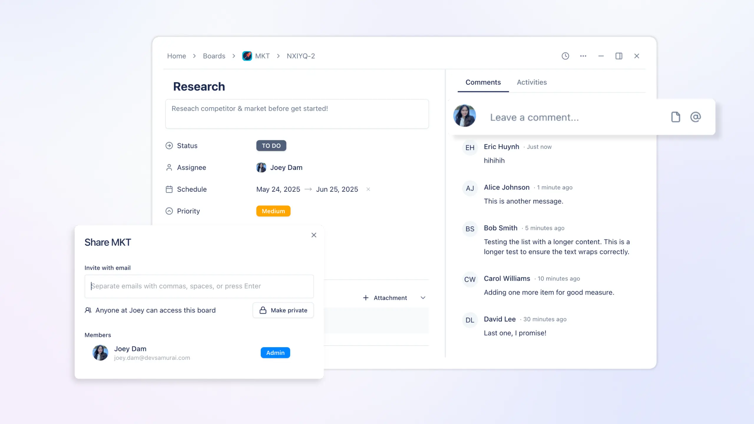 Dashboard showing task comments, mentions, and notifications for team collaboration.