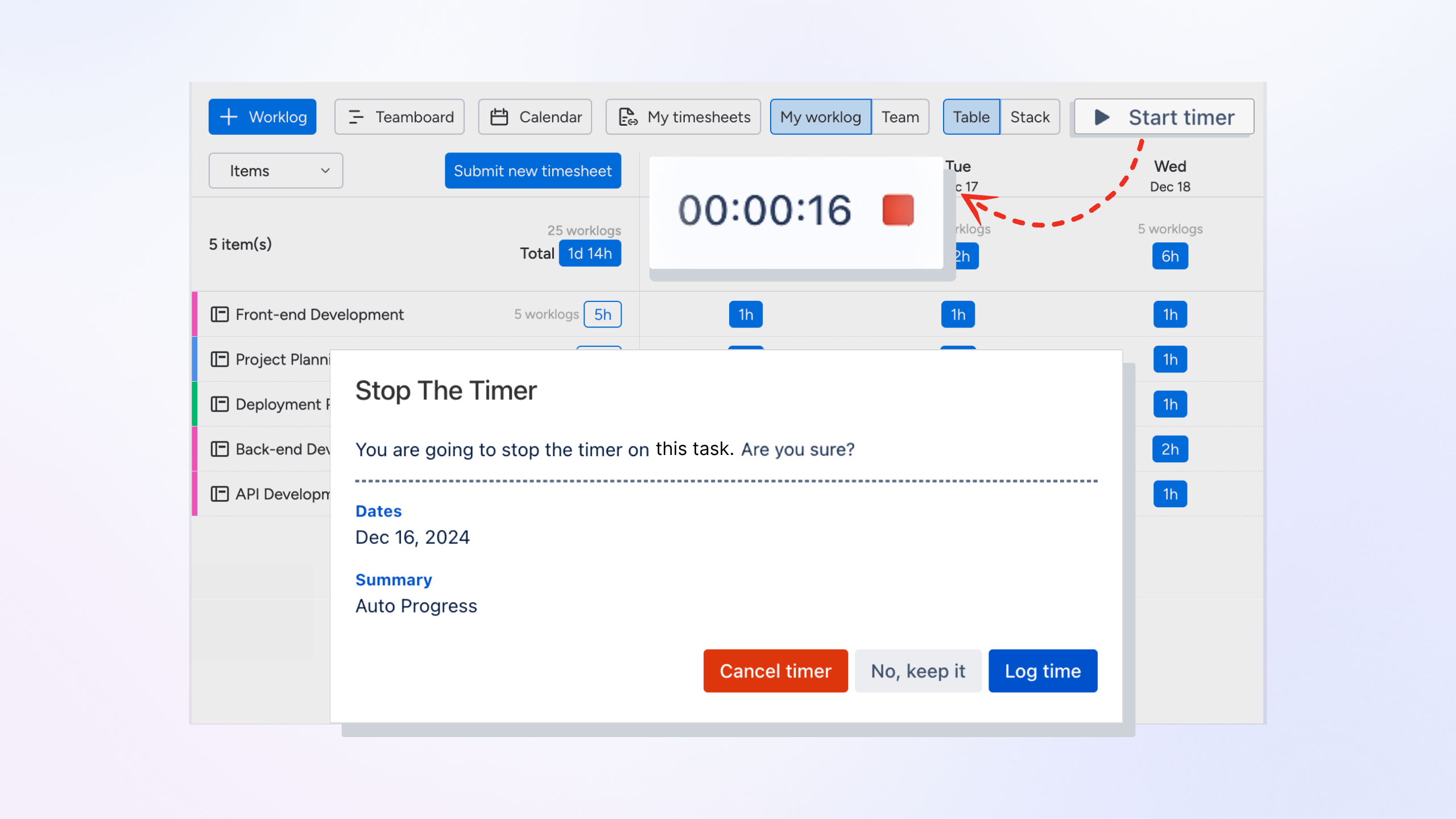 TaskFord advanced time tracking interface.