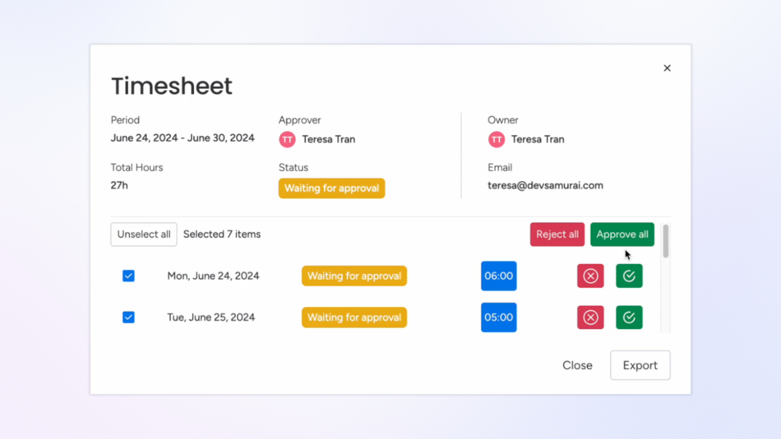 Timesheet approval interface showing clear tracking for timesheets and leave requests.