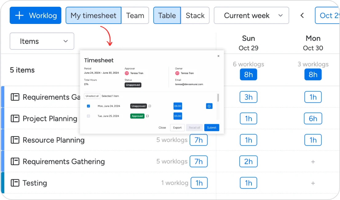 Track time and log work with built-in timesheets